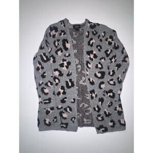 Int Girl Leopard Print Cardigan Womens M Gray Pink Open Front Cozy Sweater